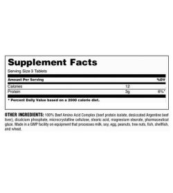 Supplement facts for Universal Nutrition 100 percent pure beef aminos for serving size 3 tablets