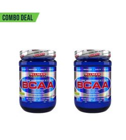 Offre combinée 2 bouteilles bleues brillantes avec bouchons blancs d'Allmax BCAA contenant 400 g illustrées sur fond blanc