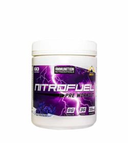 White and purple container of Ammunition Nutraceuticals Nitrofuel Pre Workout 585g