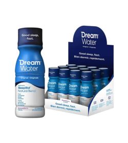 A box of 12 white and blue bottles of Dream Water Original SleepStat Natural Blend along with one bottle shown outside the box