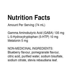 Nutrition facts and ingredients panel of Dream Water Snoozeberry for a serving size of 74 ml shown in black text in white background