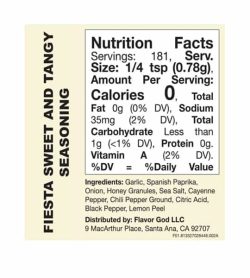 Nutrition facts and ingredients panel of Flavor God Seasonings Fiesta Sweet And Tangy