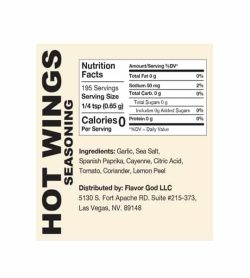 Nutrition facts and ingredients panel of Flavor God Seasonings Hot Wings