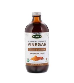 Brown bottle with silver cap of Flora Apple Cider Vinegar with Turmeric and Cinnamon flavour