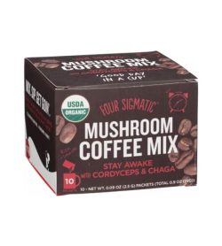 Brown box of Four Sigmatic Mushroom Coffee Mix Stay Awake 10-packets with Cordyceps and Chaga