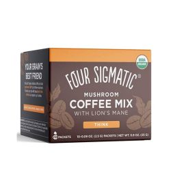 Brown and orange box of Four Sigmatic Mushroom Coffee Mix 10-packets with Lion's Mane and Chaga