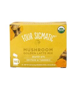 Yellow box of Four Sigmatic Mushroom Golden Latte Mix 10-packets with Shiitake and Tumeric