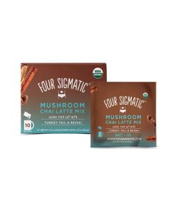 Brown and blue box shown with a pouch of Four Sigmatic Coffee Mix 10-packets Turkey Tail and Reishi