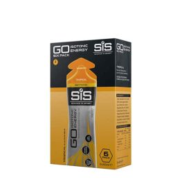 Orange and black box of GO Isotonic Energy 6 pack shown in white background