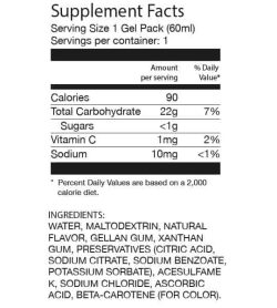 Supplement facts and ingredients panel of GO Isotonic Energy Gels shown in black text in white background