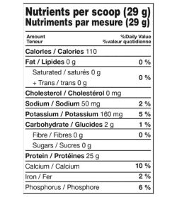 Nutrition facts panel of Kaizen Performance Whey Isolate 2lbs for serving size of 1 scoop (29 g)