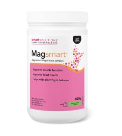 One white and pink bottle of Lorna MagSmart Magnesium bisglycinate complex Powder 60 Servings lemonlime flavour