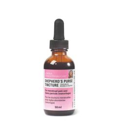 Brown bottle with pink label of Lorna Shepherd's Purse Tincture contains 50 ml shown in white background