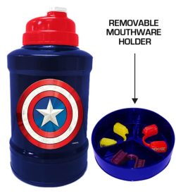 Blue and red bottle of Marvel Power Jug Captain America shown with removable mouthware holder