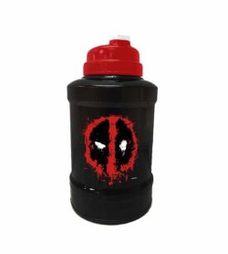 Black and red bottle of Marvel Power Jug Deadpool shown in white background