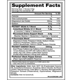 Supplement facts and ingredients panel of Mutant BCAA 9.7 Energy 65 Serv
