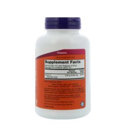 White and orange bottle showing supplement facts panel of NOW Ascorbic Acid 227g Powder
