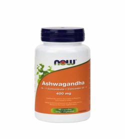 White and orange bottle with purple cap of NOW Ashwaghanda 400 mg 90 Veg Caps