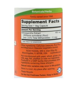 Supplement facts and ingredients panel of NOW Ashwaghanda 400mg 90 Caps