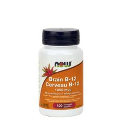 White and orange bottle with purple cap of NOW Brain b-12 1000mcg methylcobalamin contains 100 caps