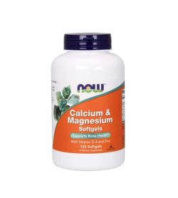 White and orange bottle with purple cap of NOW Calcium & Magnesium Supports Bone Health contains 120 Softgels