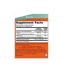 Supplement facts and ingredients panel of NOW Coral Calcium for a serving size of 2 veg caps
