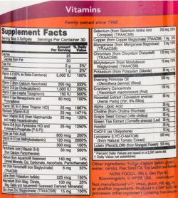 Supplement facts and ingredients panel of NOW Eve Womans Multi for a serving size of 3 softgels with 30 servings per container