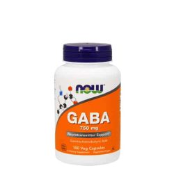 White and orange bottle of NOW GABA Extra Strength 750mg Neurotransmitter Support contains 100-caps