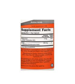 Supplement facts and ingredients panel of NOW GABA Extra Strength 750mg for a serving size of 1 veg capsule
