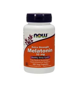 White and orange bottle with purple cap of Now Extra Strength Melatonin 10 mg Health Sleep Cycle contains 100 veg capsules