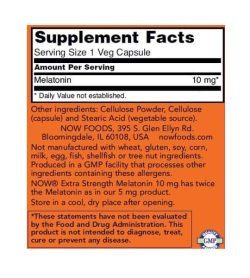 Supplement facts and ingredients panel of NOW Melatonin for a serving size of 1 veg capsule in orange label