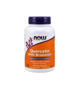 White and orange bottle with purple cap of Now Quercetin with Bromelain Balanced Immune System contains 120 veg capsules