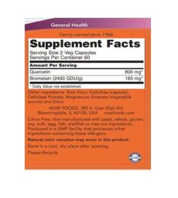 Supplement facts and ingredients panel of NOW Quercetin for a serving size of 2 veg capsules with 60 servings per container