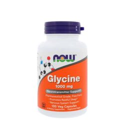 White and orange bottle with purple cap of NOW Sports Glycine 1000 mg Neurotransmitter Support 100 Caps