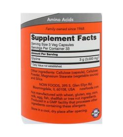 Supplement facts and ingredients panel of NOW Sports Glycine 1000 mg 100 Caps