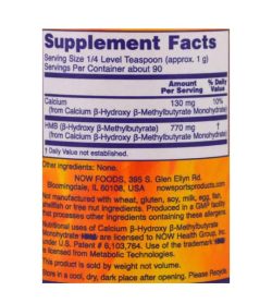 Supplement facts and ingredients panel of NOW Sports HMB 90 g