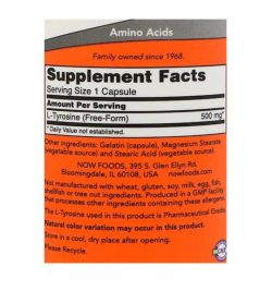 Supplement facts and ingredients panel of NOW Tyrosine 500 mg 120 Caps