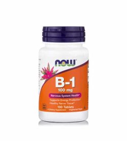 White and orange bottle with purple cap of NOW Vitamin B-1 Nervous System Health 100 Tabs