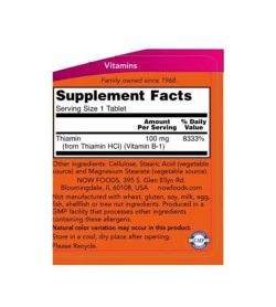 Supplement facts and ingredients panel of NOW Vitamin B-1 100 Tabs