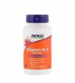 White and orange bottle with purple cap of NOW Vitamin K2 100-mcg Supports Bone Health 100 Veg Caps