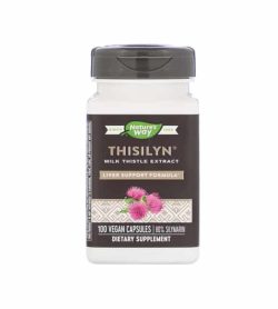 White and grey bottle with grey cap of Nature's Way Thisilyn Milk Thistle Extract liver support formula contains 100 vegan capsules
