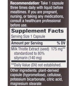 Supplement facts and ingredients panel of Natures Way Thisilyn Milk Thistle for a serving size of 1 capsule