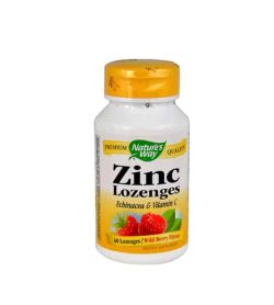 White and yellow bottle with yellow cap of Nature's Way Zinc Lozenges Echinacea & Vitamin C contains 60 lozenges