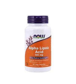 White and orange bottle with purple cap of NOW Alpha Lipoic Acid 100 mg free radical scavenger* contains 60 veg capsules