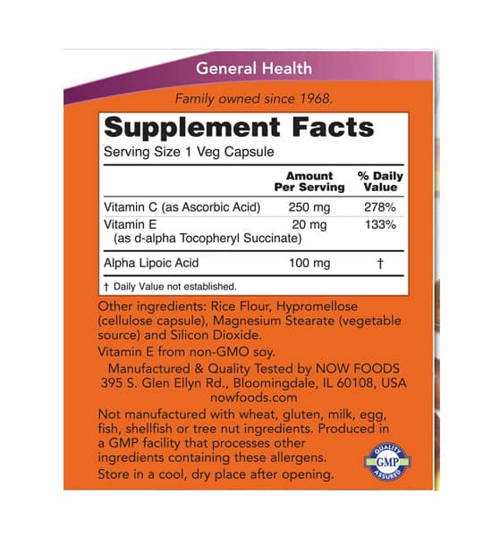 NOW – Alpha Lipoic Acid 100mg (60 v-caps) | Anti-Aging, Antioxidant