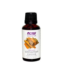 Brown and white bottle of Now essential oils 100% pure Cinnamon Cassia Oil contains 30 ml