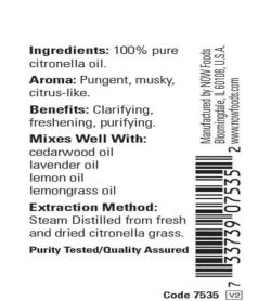 Ingredients and benefits panel of Now Citronella Oil 30 ml