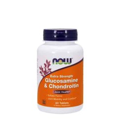 White and orange bottle with purple cap of Now Glucosamine & Chondroitin Extra Strength Joint Health 60 Tablets