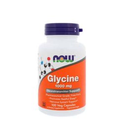 White and orange bottle with purple cap of Now Glycine 1000mg Neurotransmitter Support 100 veg caps