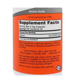 Supplement facts and ingredients panel of Now Glycine 1000mg 100 veg caps